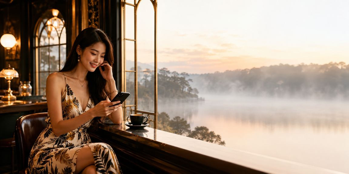 Người dùng ở Đà Lạt chuẩn bị đăng ký trên điện thoại bên ly cà phê